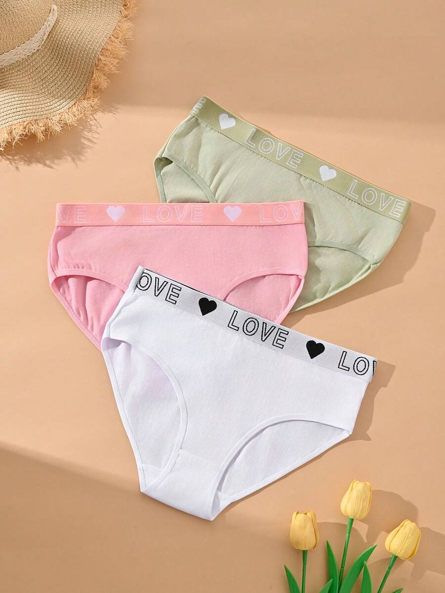 3pcs Women's Solid Color Mid-Rise Briefs, Elegant Letter Print, Stretchy Knit Fabric, Multi-Color Options - Multicolor - View 1