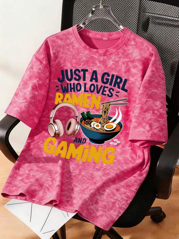 Unisex Distressed T-Shirt With Headphone And Ramen Graphic Print, Casual Loose Fit Short Sleeve Tee For Teenage Girls And Boys, Perfect Summer Gift For School And Outdoor Wear, Spring/Summer