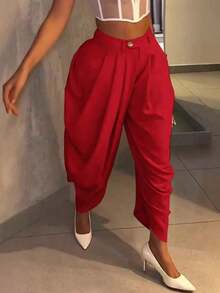 Women's Elegant Casual Pants, Solid Color Metal Button Asymmetric/Asymmetrical Design, Suitable For Office And Daily Wear, Spring/Summer - 紅色 - 查看 8