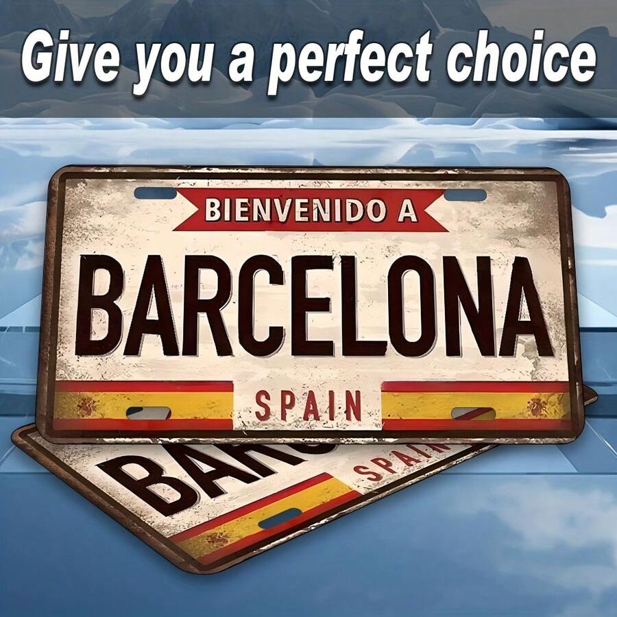 12x6 pouces Plaque murale vintage de Barcelone - Conception du drapeau espagnol avec le texte "Bienvenido A Barcelona", panneau métallique rustique, décoration de maison/garage/café/bar, sans alimentation électrique, décoration murale métallique facile à accrocher, décoration de café - A - Voir 1