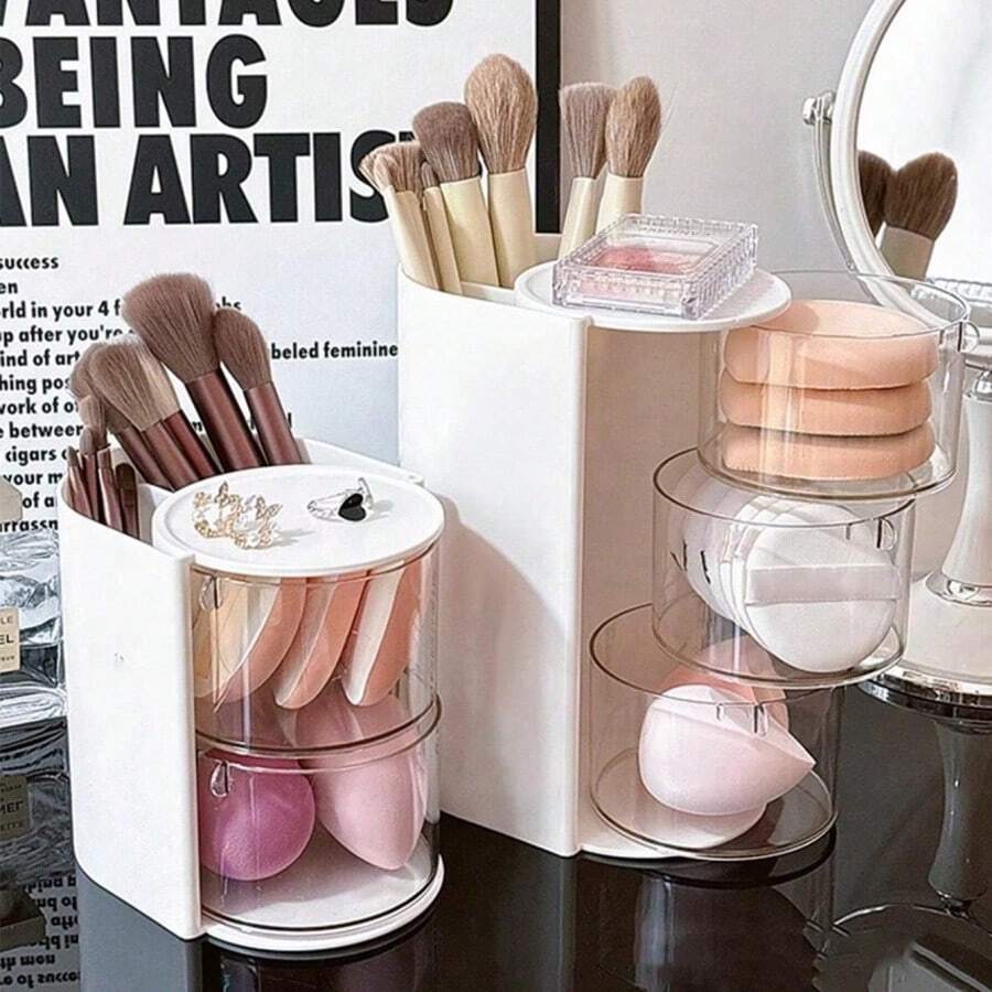 1 buah Organizer Makeup Multifungsi, Tempat Kuas Anti Debu dengan Kompartemen Transparan untuk Puff Bedak, Spons Makeup & Produk Perawatan Kulit, Dekorasi Kamar Tidur, Perlengkapan Sekolah.