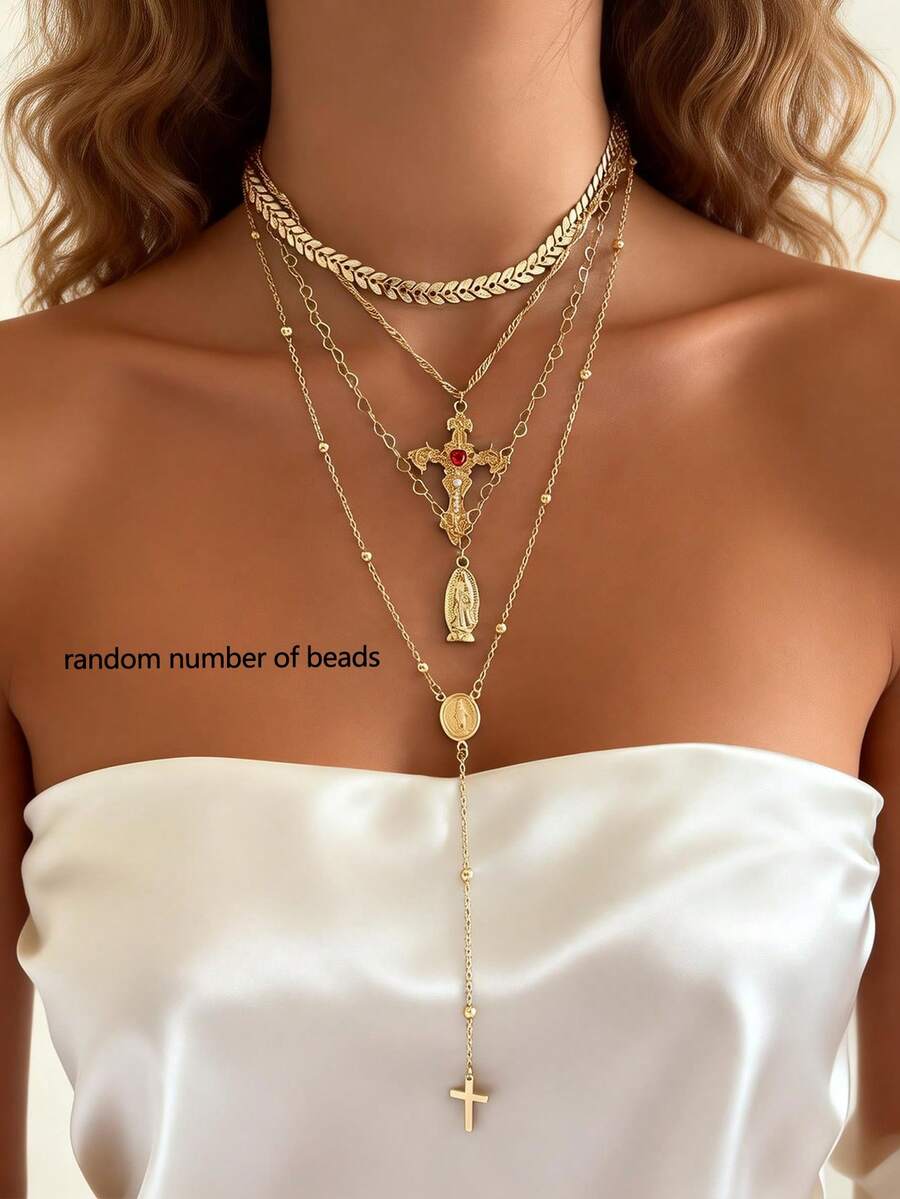 Bộ 4 mặt dây chuyền hình thánh giá và Đức Mẹ Maria, kiểu dây chuyền chữ Y, thích hợp cho phụ nữ đeo hàng ngày, hẹn hò, dự tiệc và các hoạt động tôn giáo. - Vàng - Xem 1