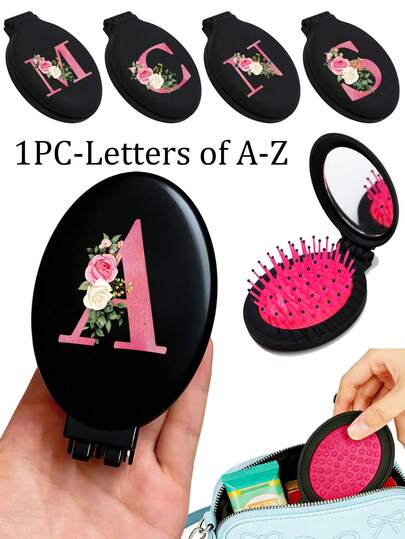 迷你梳子，带镜子，火龙果色，印有花朵图案字母A-Z；便携式旅行折叠梳，女士口袋梳，折叠气囊梳，二合一按摩梳。坚固的塑料外壳，不易磨损或损坏，经久耐用；方便携带，多功能设计，有效梳理头发并按摩头皮。适用于各种发型。可作为母亲节、情人节、派对、周年纪念日、返校季、毕业季的礼物。