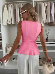 1 pieza Blusa con volante en el bajo de tela de punto de unicolor, uso casual de verano en color negro - Rosa 3 - Ver 4