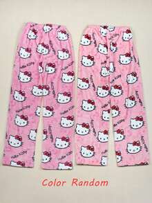Bộ 2 món đồ ngủ flannel chính hãng Sanrio, quần ngủ nữ Hello Kitty dễ thương, họa tiết hoạt hình KT màu hồng, đồ ngủ mùa thu thời trang. - Nhiều màu - Xem 3