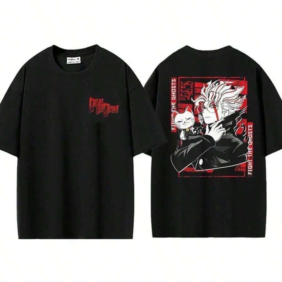 Anime Shirts Men, Danno Anime Fight The Ghosts 2026 Summer Men Cotton T Shirt, Street Style With Anime Character And Cat Print, Independence Day Ghost Tee, C-Learance S-Ale For Men - 黑色 - 查看 1