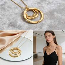 1 pieza Collar de mujer minimalista con colgante asimétrico de triple anillo, cadena de clavícula en tono plateado texturizado, cadena larga minimalista geométrica para el suéter de uso diario - Plateado - Ver 2