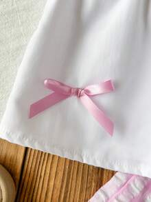 少女时尚休闲可爱套装，蝴蝶领短袖上衣+格子简约短裤 - 白色 - 查看 7