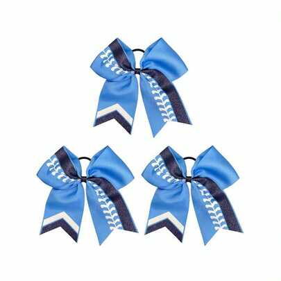 Bộ 3 phụ kiện tóc nơ cổ vũ chủ đề bóng chày màu xanh dương 20cm, với họa tiết đường may bóng chày kết hợp cùng nơ màu xanh hải quân và kim tuyến vàng, thích hợp cho các sự kiện bóng chày và các buổi biểu diễn cổ vũ.