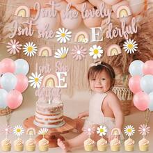 ración bohemia para fiesta de primer cumpleaños, diseño de margaritas de verano, color rosa con texto en inglés "Isn't She Lovely Isn't She Onederful Daisy Rainbow Banner para tartas, cupcakes, globos para niñas, hippie, suministros para fiesta de primer cumpleaños - 1 - Ver 3