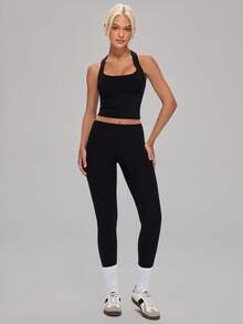 MASKERT Women's Sexy Backless Tank Top + High Waist Lifting Leggings Set, Suitable For Fitness, Running, Sports, Outdoor Activities - Black - View 5
