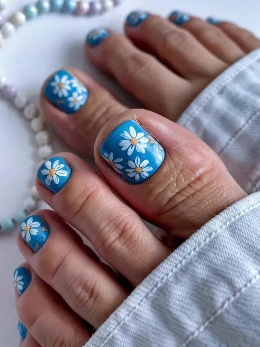 24片蓝色雏菊时尚百搭脚趾甲贴，全覆盖式脚趾甲套装，适合派对、舞会和日常佩戴 - 藍色 - 查看 1