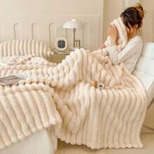 1pc Luxury Striped Faux Fur Blanket - Soft, Warm, Comfortable, Suitable For Sofa, Bed, Office And Travel - Modern Style, All-Season Gift, 100% Polyester, Knitted, 300-350 Gsm - White - View 10