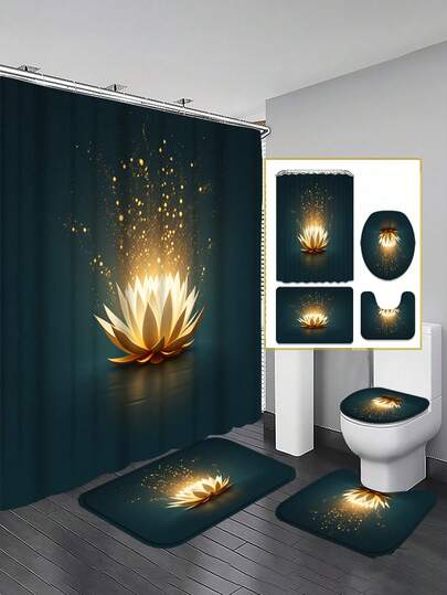1/3/4 Sets Gold Lotus Bathroom Shower Curtain Set; Luxury Zen-Inspired Design, Waterproof And Durable, Suitable For Bathroom Decor And Accessories. Size: 71x71 Inches, Includes 12 Hooks, Toilet Seat Cover, Bath Mat And Rug, Made Of High-Quality Polyester Fabric, Washable And Mold-Resistant, Ideal For Holiday Decoration