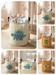 1pc Large Capacity Foldable Round Storage Basket With Cartoon Dinosaur Print, Durable Fabric Laundry Hamper With Handle, Multi-Purpose Storage Bin For Nursery, Diapers, Clothes, Baby Supplies - Multicolor - View 4