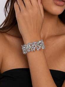 1pc Fashionable Asymmetrical Crystal Leaf Bangle, Versatile Niche Design Luxury Fully Paved Rhinestone Wedding Accessory For Women - Silver - View 1