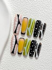 10Pcs Artistic Color Blocking Style Handmade Nail Art Set,Unghie Press On,Lines, Polka Dots Nail Art Decorations,Green, Black And White Nail Polish,Chic And Edgy Style,Comes With Nail Tools(1 Sheets Jelly Stickers+1PC Nail File)3 Sizes Available,Almond Nails, Duck Nails,Coffin Nails,Suitable For Reunion,Daily,Party,Photograph,Play,Spring Summer,Commute Supplies Nails - 彩色 - 查看 11
