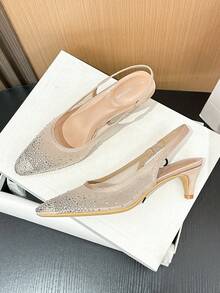 Xin Jing Shoes 新款春夏女士中跟凉鞋，时尚百搭圆头网面水钻装饰婚礼派对镂空细高跟鞋 - 卡其色 - 查看 10