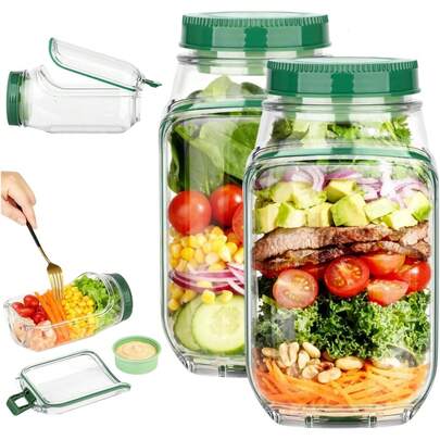 2Pcs Salad Pod Container, Vertical Layering Salad Pod, Built-In Bowl Design, Plastic Interval Salads Box With Leak Proof Sauce Dressing Case, Fresh Salads Storage For Lunch, Fruit