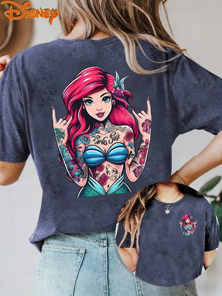Disney License T Shirts,Disney The Little Mermaiddd Ariel1 Edgy Tattoo Rock Hand Graphic Oversized T Shirt Women Punk Cartoon Print Drop Shoulder Short Sleeve Tee Alternative Disney Casual Streetwear Top For Ariel1 Fans ,Camiseta, Summer Outfits For Women, Summer Clothes, Summer Tops, Tops For Women, Festival Outfits, Summer Tops For Women, Mother's Day, Mother's Day Clothing, Gifts For Family And Friends, Spring Outfits For Women, Officially Licensed Disney T-Shirts, Disney Men's And Women's Spring/Summer Fashion Casual Short-Sleeve T-Shirts - 藍色 - 查看 1