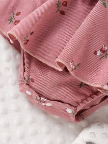 1pc Baby Girl Cute Ruffle Trim Rib Knit Embroidered Corduroy Romper Dress, Lightweight Summer - White - View 6