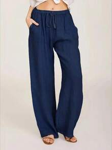 Women Cotton Linen Pants Summer And Autumn Solid High Waist Wide-Leg Trousers Female Loose Hemp Casual Breathable Sports Pants - 黑色 - 查看 7