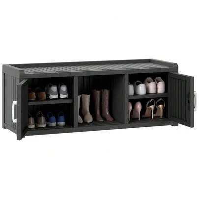 Banco de almacenamiento de 2 niveles, gabinete de almacenamiento de zapatos resistente al agua y a los rayos UV con 2 puertas y estantes ajustables para entrada, pasillo, sala de estar (negro)