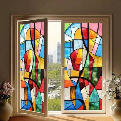 Màng phim dán cửa sổ mờ họa tiết hình học trừu tượng nhiều màu sắc, màng phim PVC hút tĩnh điện có thể tái sử dụng, thích hợp cho phòng khách, phòng ngủ, nhà bếp, văn phòng và trang trí nhà cửa.