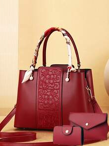 3pcs Set Women's Handbag With Elegant Geometric Print, Faux Leather Material, Including Clutch And Scarf - Khaki - View 11