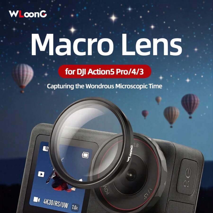 适用于 Osmo Action5Pro/4/3 的微距镜头滤镜，采用多层镀膜/光学玻璃/铝合金镜框，捕捉微观奇观，是户外运动/探险和假日旅行的理想之选，轻巧的卡扣设计 | 安装简便 | 创意微距滤镜
