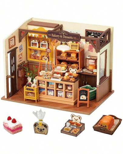 Robotime Mini Home DIY Assembly Model - Becka's Baking House, 3D Puzzle Toy, 256 Pieces Wooden Model With LED Light, Creative Home Decor And Adult Gift