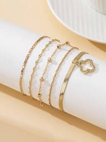 5件套经典百搭夏季度假简约风格金链镂空四叶草吊坠脚链套装（女士款） - 金黃色 - 查看 3