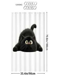 1/3/4件套可爱偷窥黑猫印花浴帘浴室套装，趣味卡通风格浴室窗帘，防水耐用，现代家居浴室装饰浴帘，72英寸*72英寸 - 浴室隔断浴帘，包含12个挂钩，浴室配件 - 包括马桶盖套、浴垫和地毯，采用涤纶面料 - 可水洗，适合家庭浴室 - 呆萌黑貓 - 查看 14