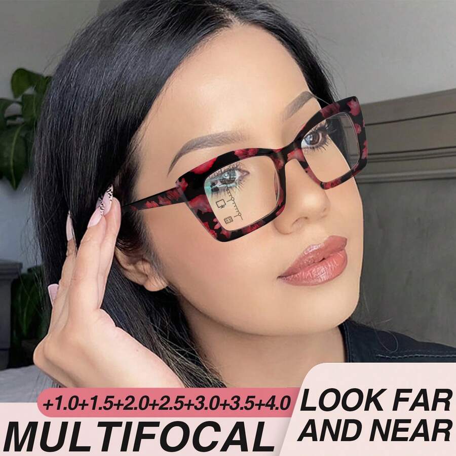 1pc Fashion Large Frame Multifocal Reading Glasses, 2-In-1 Progressive Lens, Flexible Spring Temples For Comfortable Fit, Colored Floral Print Bifocal Glasses For Women - Màu Hồng Tươi - Xem 1