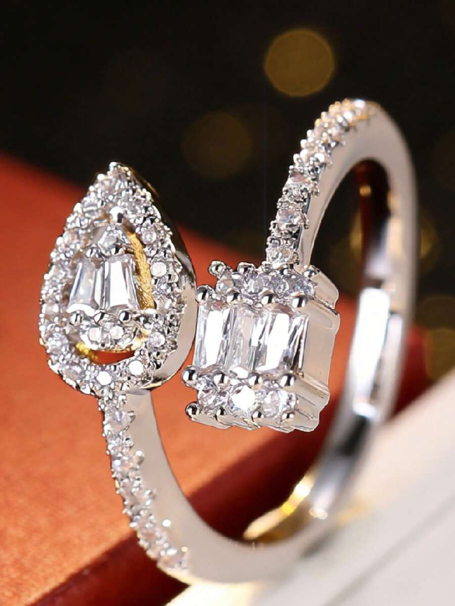 1 chiếc nhẫn hở bất đối xứng, hình giọt nước, đính đá zirconia nhân tạo, thiết kế độc đáo, nhẫn cá nhân hóa. - Vòng hở - Xem 1