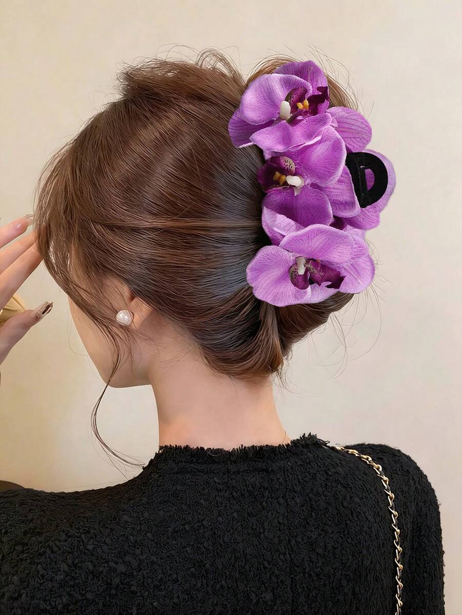 1个仿真蝴蝶兰花爪夹，大花朵设计，高冠盘发必备，度假/约会/日常造型发饰，夏季沙滩发爪夹，度假发夹，节日，派对 - 彩色 - 查看 1