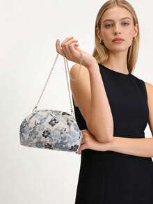 Modische hochwertige Blumenprint Umhängetasche, luxuriöse elegante gefaltete Clutch Tasche mit zufälligem Druckmuster, geeignet für Abendgala, Party und Hochzeit - Babyblau - Übersicht 3