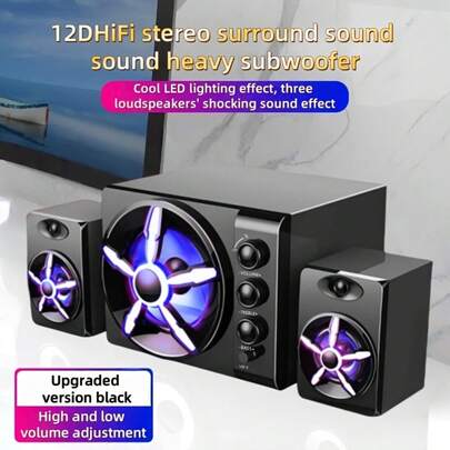 Nuevo altavoz de computadora actualizado 3 en 1/Efecto de sonido envolvente 12D/Sistema de altavoces estéreo 2.1 con calidad de sonido HiFi envolvente, graves mejorados/Con luces LED degradadas/Altavoz de escritorio/Sistema de altavoces para juegos de computadora/Botones de control de volumen independientes/Alimentado por USB, conector de audio de 3.5 mm/Adecuado para computadora, TV, teléfono inteligente, portátil, altavoz de PC/Uso portátil al aire libre para picnic, camping, que brinda una experiencia de audio multifuncional