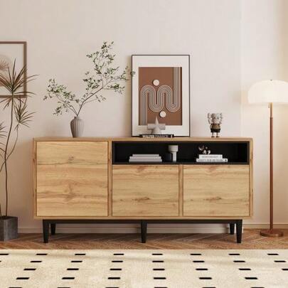 Modern Wooden Dining Room Cabinet, Three Doors With Shelves, 160 X 35 X 76 Cm, Easy To Assemble, Space-Saving, Sturdy And Durable