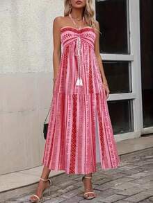 Bohemian Women's Resort Style Summer Fashion Slit Sexy Print Lace-Up Bandeau Dress - 玫紅色 - 查看 2
