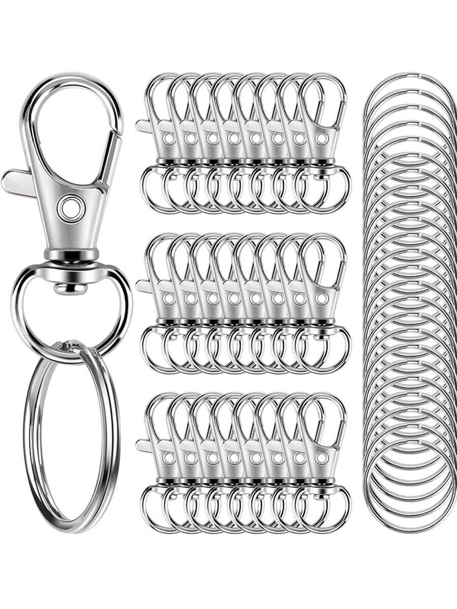 100 chiếc móc khóa có vòng chìa khóa, thích hợp làm dây đeo, đồ trang sức thủ công DIY (50 chiếc móc càng cua bằng kim loại + 50 chiếc vòng xoay mở) (32mm) - móc khóa - Xem 1