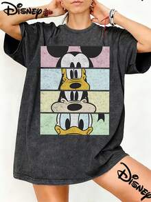 Disney Oversized Vintage Washed T-Shirt Featuring A Color Block Design With A Playful Mickey Silhouette, Perfect For Streetwear In The Spring And Summer Of 2026. A Must-Have Retro Fashion Crew Neck Tee Authorized By Disney - màu đen - Xem 1