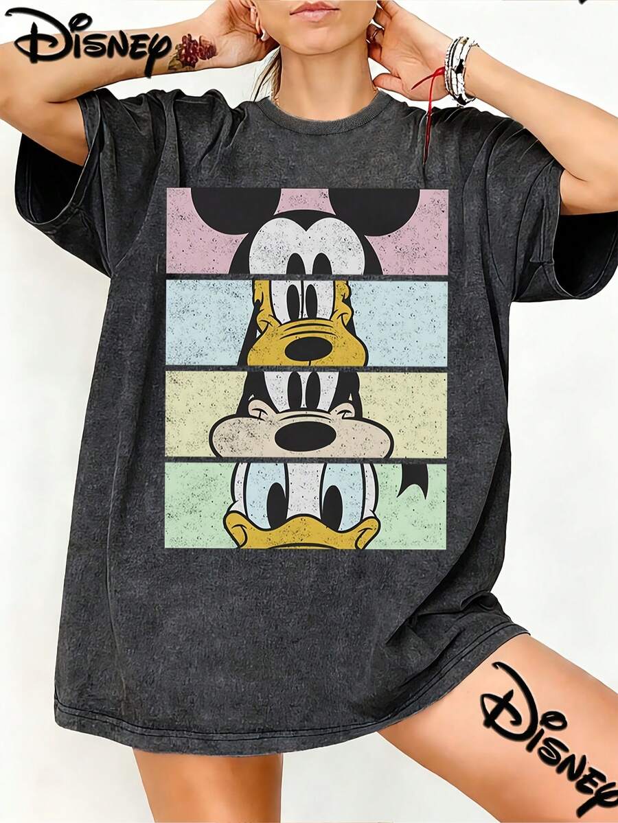 Disney Oversized Vintage Washed T-Shirt Featuring A Color Block Design With A Playful Mickey Silhouette, Perfect For Streetwear In The Spring And Summer Of 2026. A Must-Have Retro Fashion Crew Neck Tee Authorized By Disney - màu đen - Xem 1