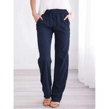Women Cotton Linen Drawstring Pants Elastic Waist Casual Solid Color Trousers Baggy Loose Straight Leg Breathable Sweatpants - Hải quân - Xem 1