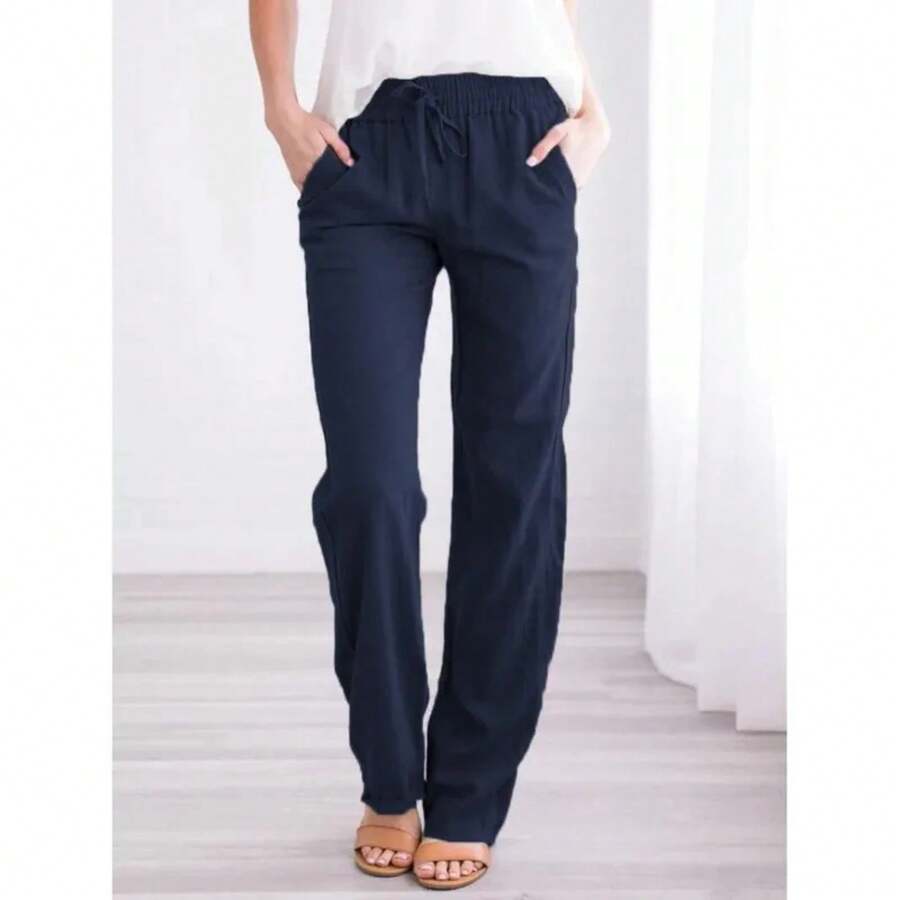 Women Cotton Linen Drawstring Pants Elastic Waist Casual Solid Color Trousers Baggy Loose Straight Leg Breathable Sweatpants - Hải quân - Xem 1