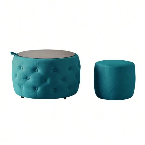 Luxurious Set Of 2 Stackable Velvet Stools, 4-In-1 Function, Round Stool With Wooden Shelf And Storage Space, No Assembly Required, Beige Color (58cm X 58cm X 38cm). - Blue - View 1