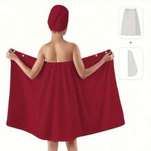 2pcs Set, Including Minimalist Solid Color Printed Bathrobe And Button Shower Cap. 100% Polyester Material, Super Soft. Suitable For Adult Home Use, Ideal For Bathroom, Sauna, Spa And Hair Salon. - Red - View 5