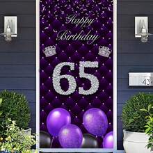 Cartel de fondo morado con texto en inglés "Happy 65th Birthday", globos para cabina de fotos, decoración temática de corona plateada para mujer, 65 años, aniversario, fiesta de cumpleaños, suministros de decoración - 1 - Ver 2