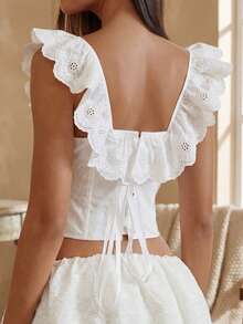 Sexy Embroidered Ruffle Tie Front Backless Corset Top, Elegant Bustier Top For Summer Party & Holiday White - White - View 2