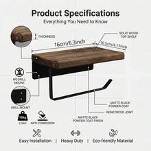Multi-Function Toilet Paper Holder, Wooden Wall-Mounted Toilet Paper Rack, No Drill Installation Bathroom Tissue Holder, Phone Shelf & Fragrance Display - Black - View 7